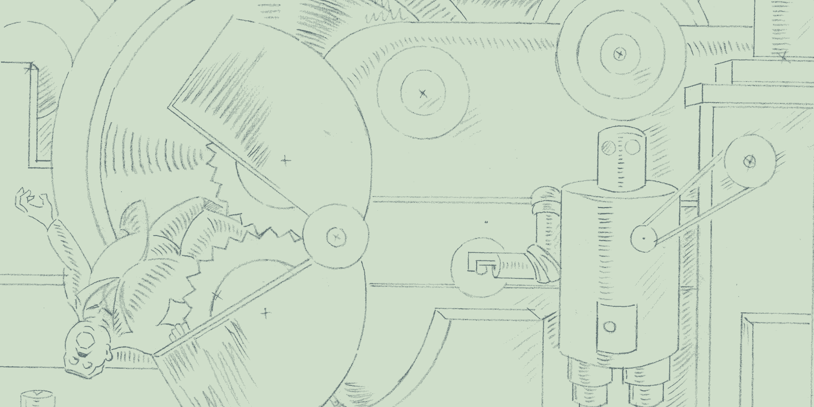 Line drawing of a robot amid industrial machinery