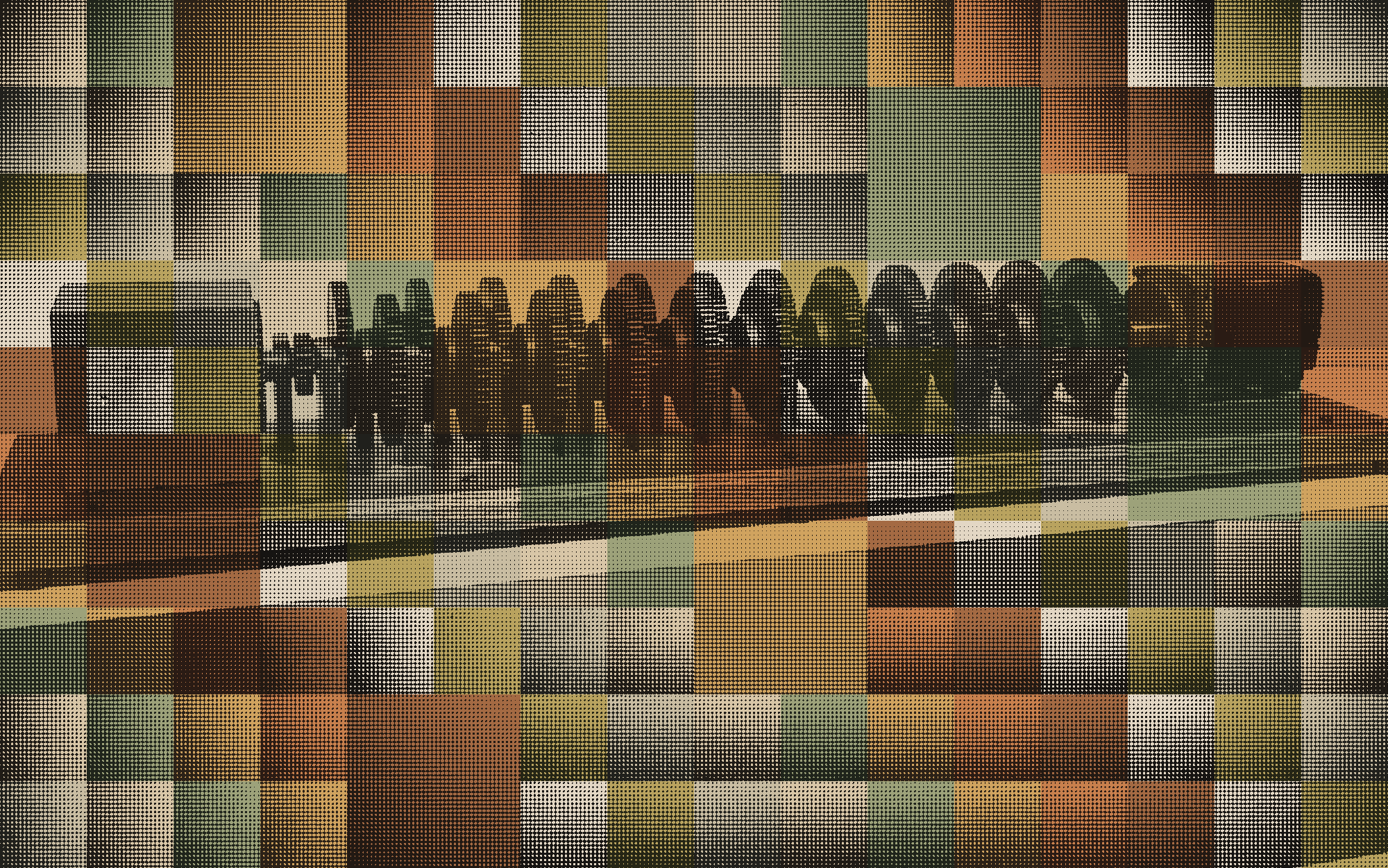 Earthen two-color dither tile mosaic of a mechanical gear train